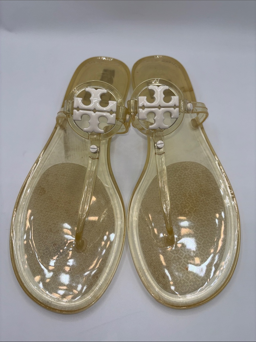 Tory Burch Transparent Jelly T-Strap Sandals with White Logo